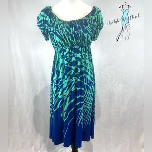 Glamour royal blue and jade green abstract print empire waist midi dress size 12